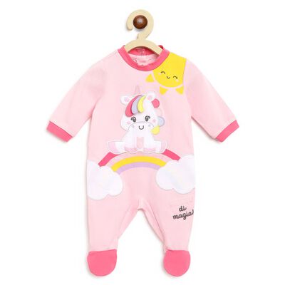 Girls Light Pink Printed Nappy Opening Babysuit